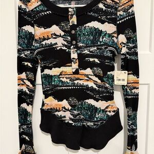 Free People Black and Green Long Sleeve Top